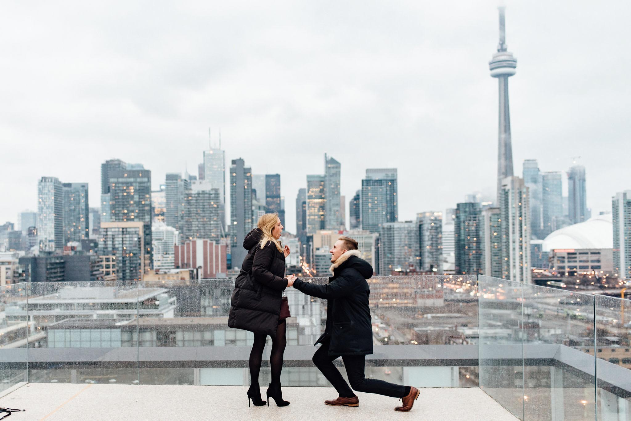 Surprise Toronto Skyline Proposal Photographer | Olive Photography on Thompson Hotel Rooftop