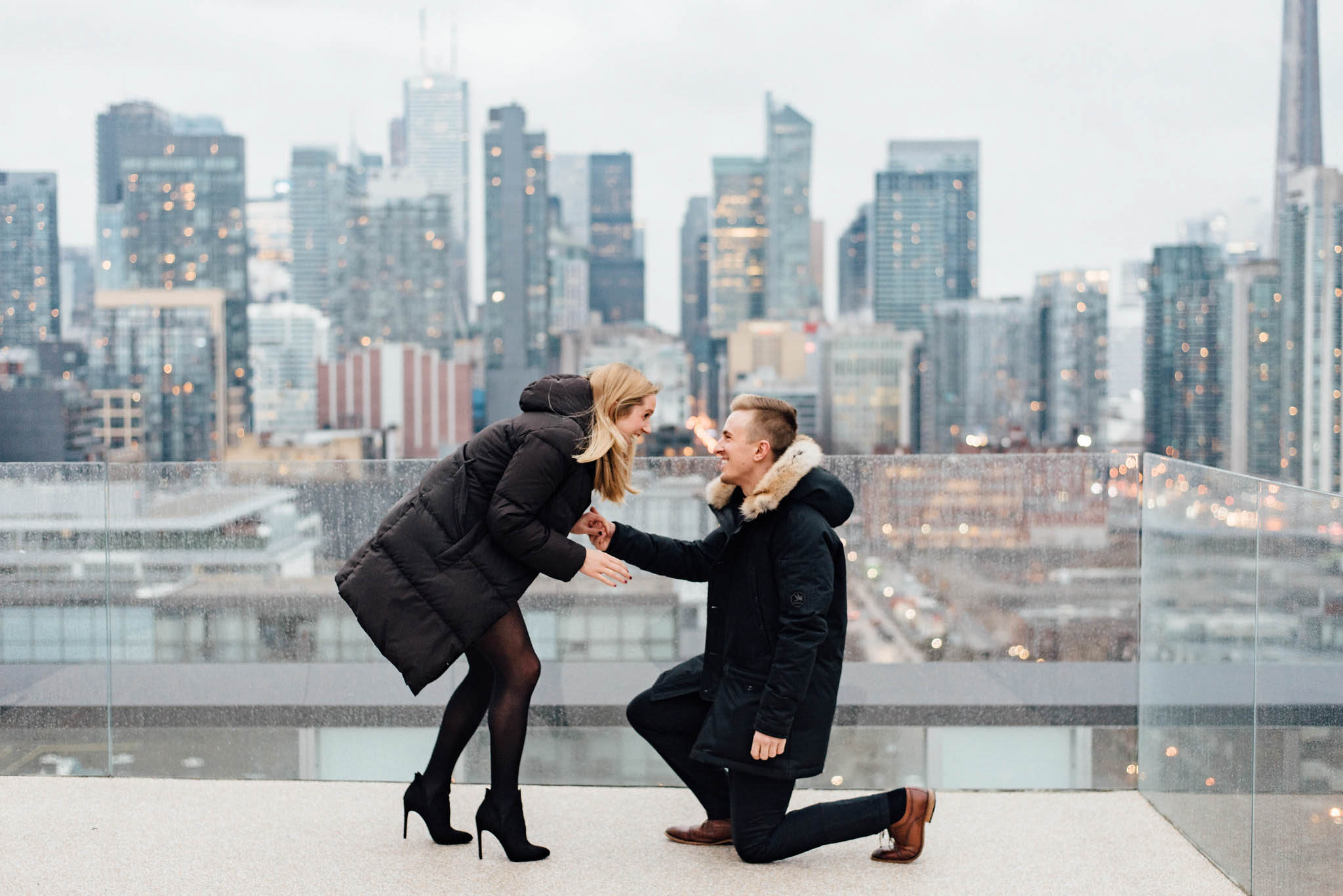 Surprise Toronto Skyline Proposal Photographer | Olive Photography on Thompson Hotel Rooftop