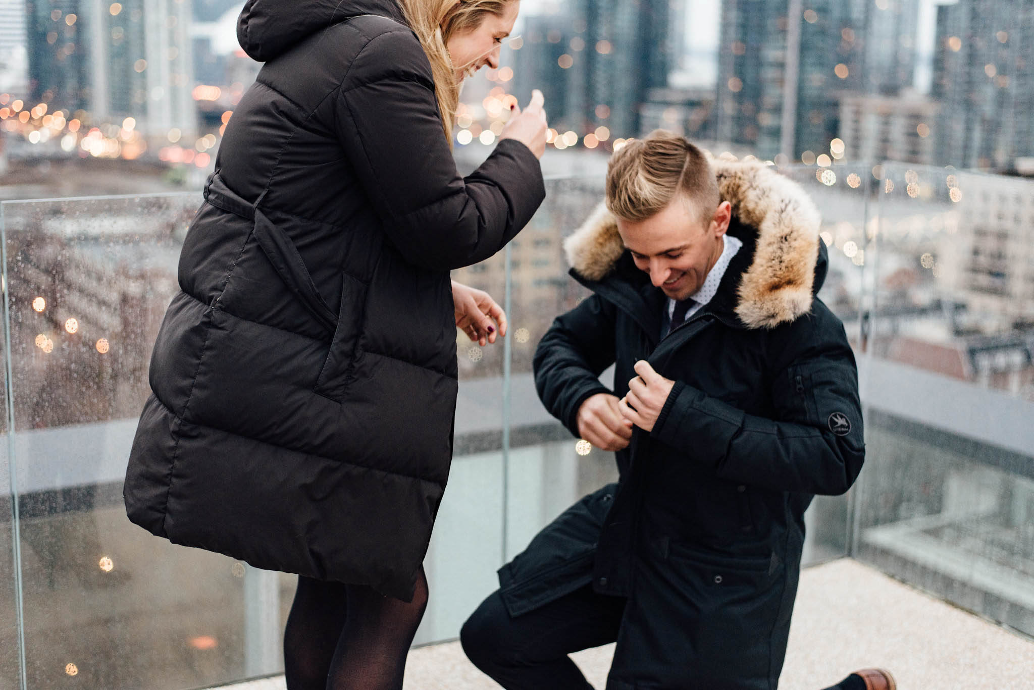 Surprise Toronto Skyline Proposal Photographer | Olive Photography on Thompson Hotel Rooftop