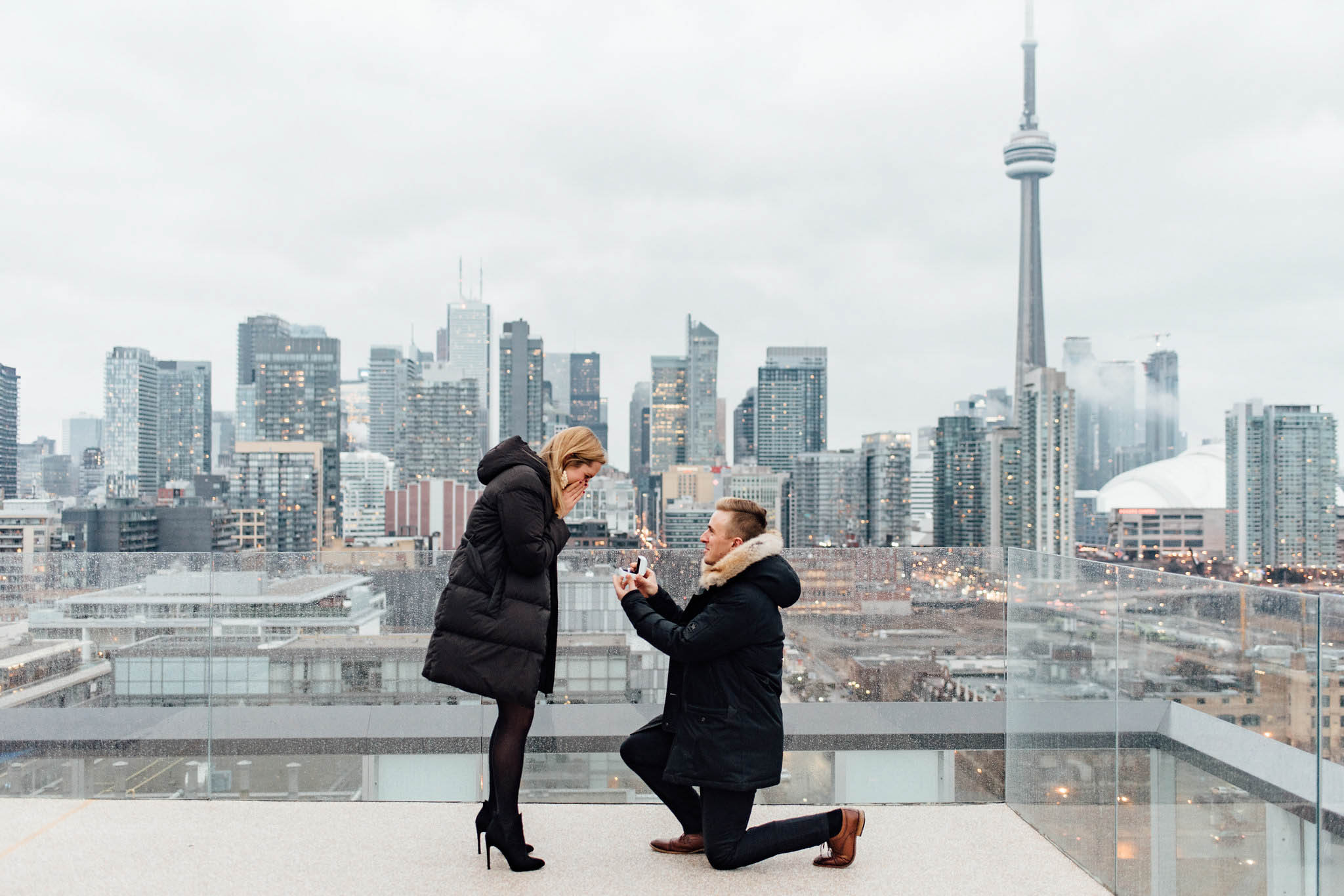 Surprise Toronto Skyline Proposal Photographer | Olive Photography on Thompson Hotel Rooftop