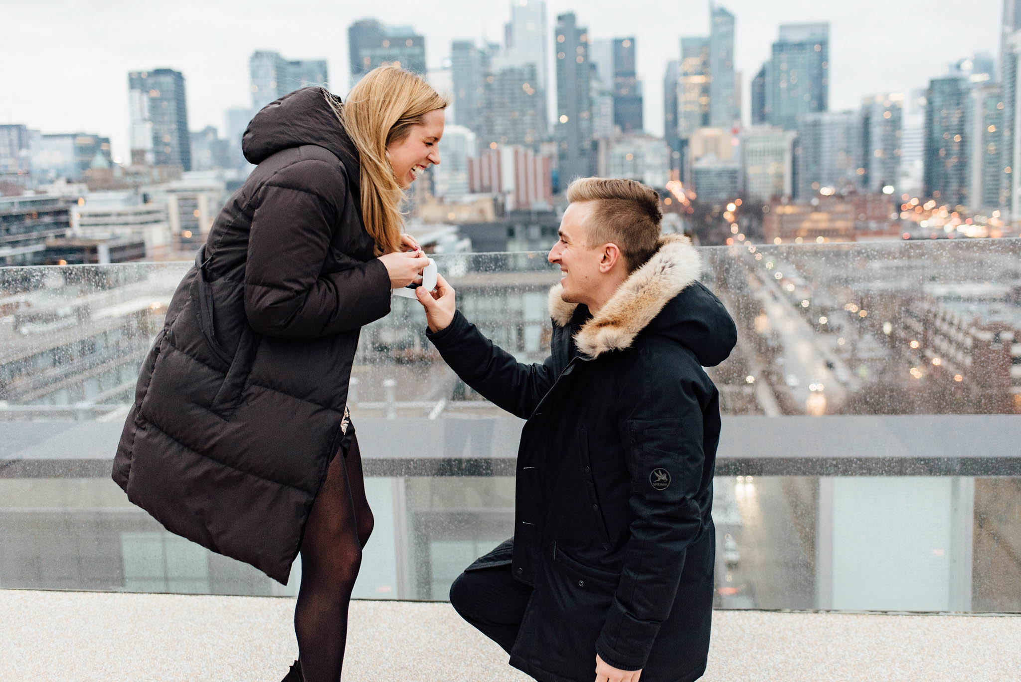 Surprise Toronto Skyline Proposal Photographer | Olive Photography on Thompson Hotel Rooftop